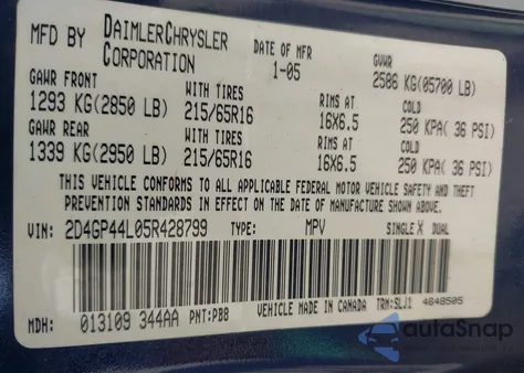 2005 Dodge Grand Caravan из США, поврежденный, VIN 2D4GP44L05R428799